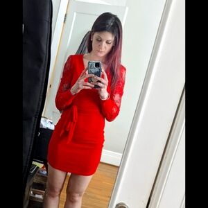 Red, body con, vneck, lace sleeve dress, small